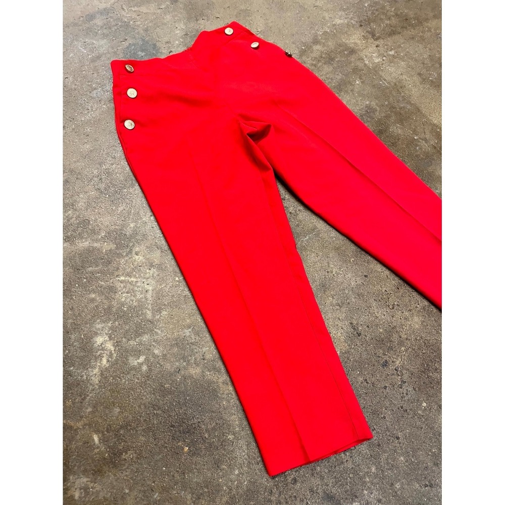 Zara Tailored Pants Womens L Red Stretch Elastic Waist Button Details Straight - Picture 2 of 16